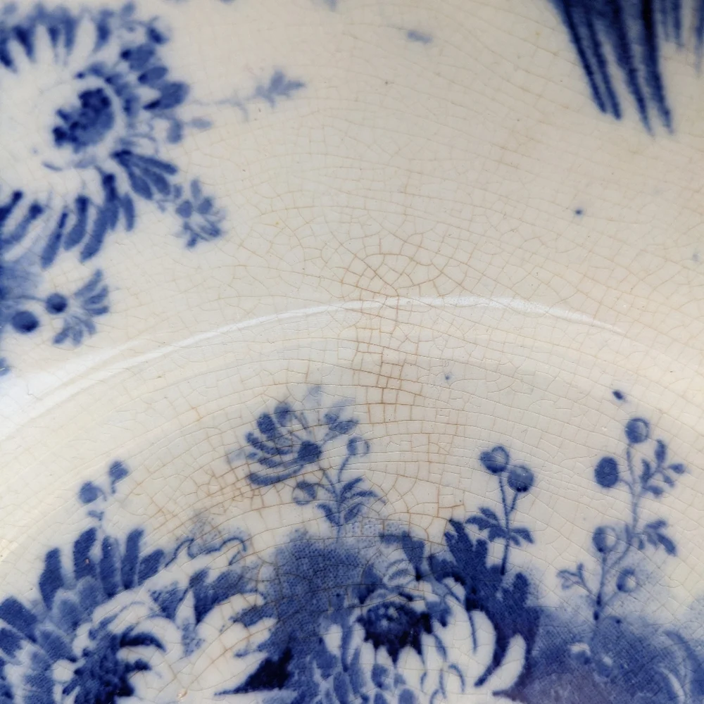 Antique Upper Hanley England Dahlia Flow Blue Floral Round Vegetable Bowl